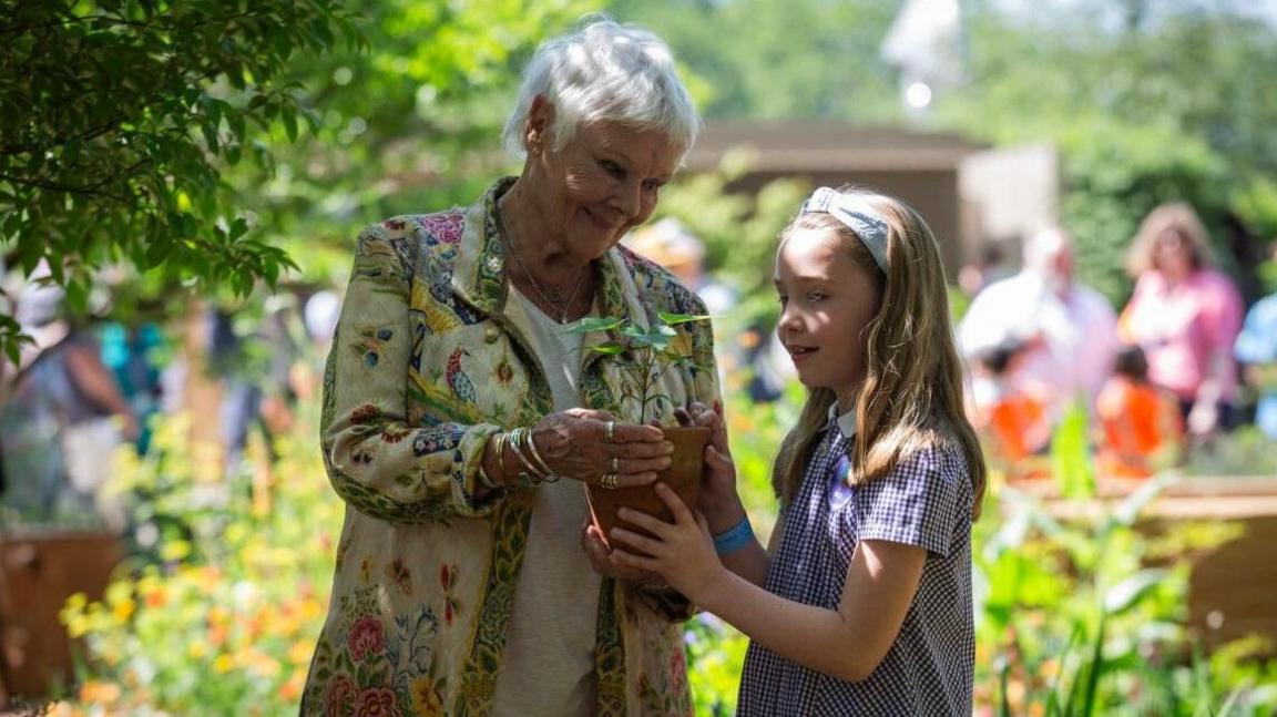 Charlotte, from Henshaw school, is standing next to the actress Dame Judi Dench who is her her 80s and wearing a bright flowery coat. Charlotte is wearing blue uniform and a hair band and they are both looking at a sapling in a pot. Other visitors to the Chelsea Flower Show are out of focus in the distance.