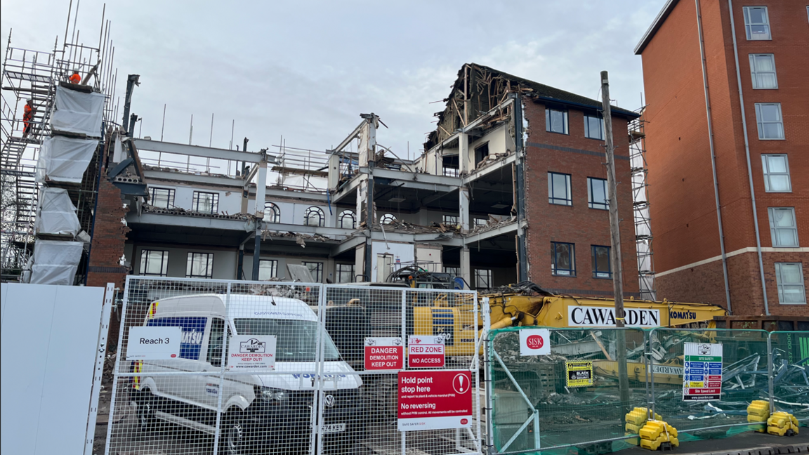 Peat House, on Stuart Street in Derby, being demolished