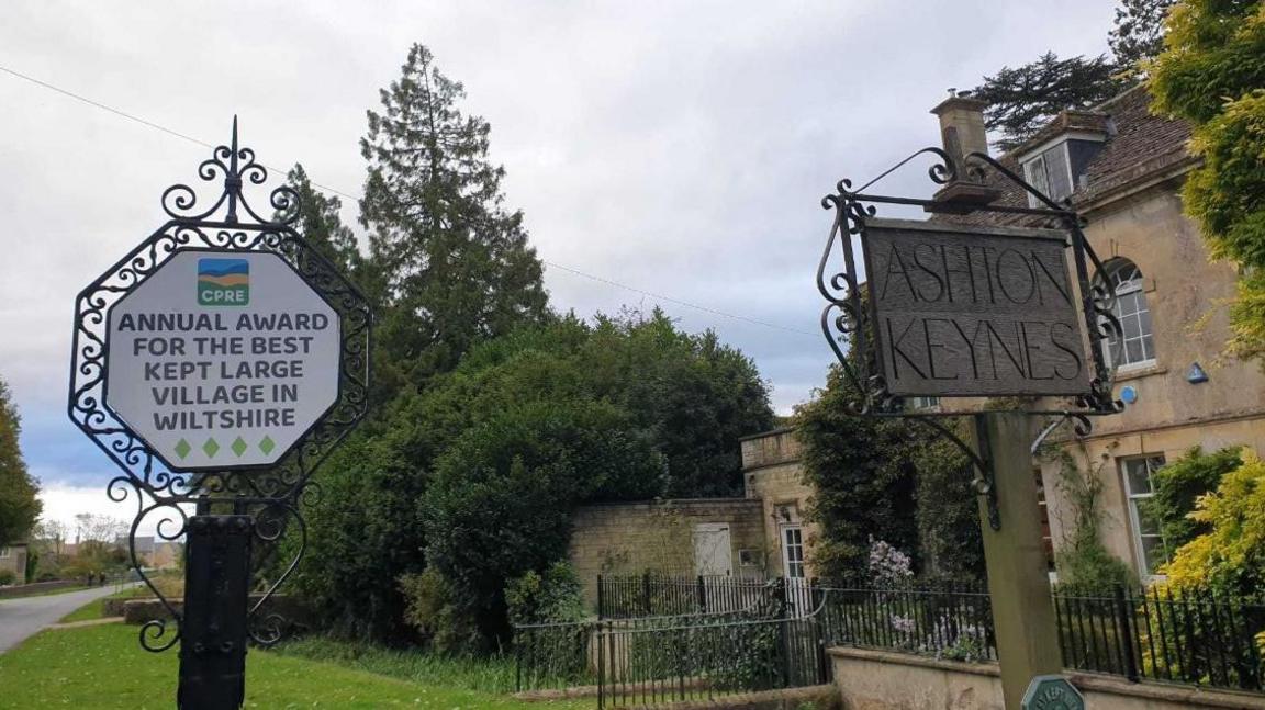 A sign in Ashton Keynes village which shows it was judged to be the Best Kept Large Village in Wiltshire.