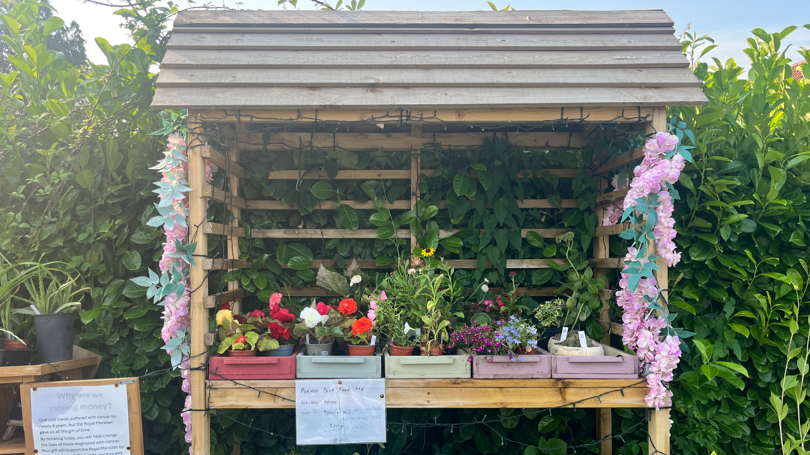 A wooden stall is in the middle of the image and is in front of a hedge. On the stall there are lots of flowers in colourful trays.