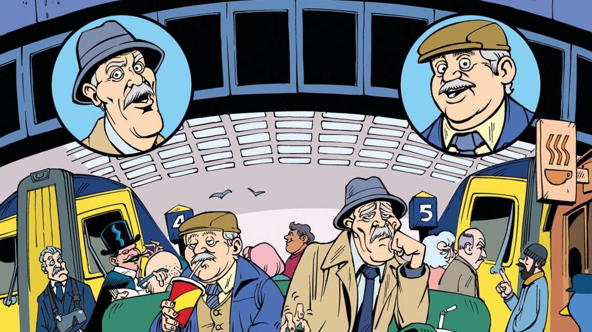 Image from the new Still Game comic book, with Jack and Victor sitting on a bench in a train station