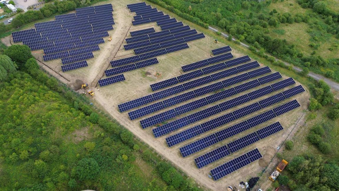 A large solar farm with several rows of solar panels with trees around the edge.