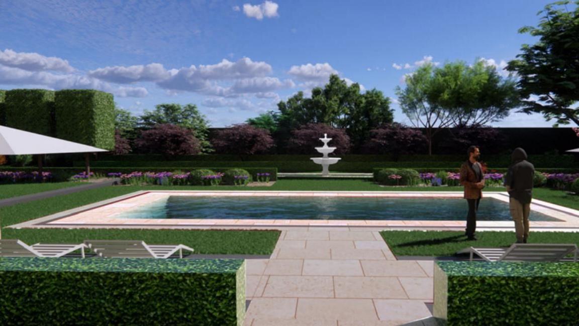 A computer generated image of what the garden will look like. There is a large rectangular pool in the middle with a stone slab path leading up to it. There are white sunbeds positioned around the pool, with a large white parasol on the left. In the background there is a large white water fountain and the garden is surrounded by manicured hedges. 