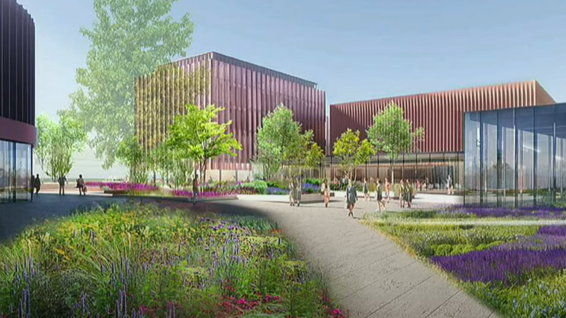 A CGI image showing a number of block shaped brown buildings with behind them, trees and paved footpaths. In front of them are flowerbeds with purple and green fauna in them. CGI people can be seen on the paths.