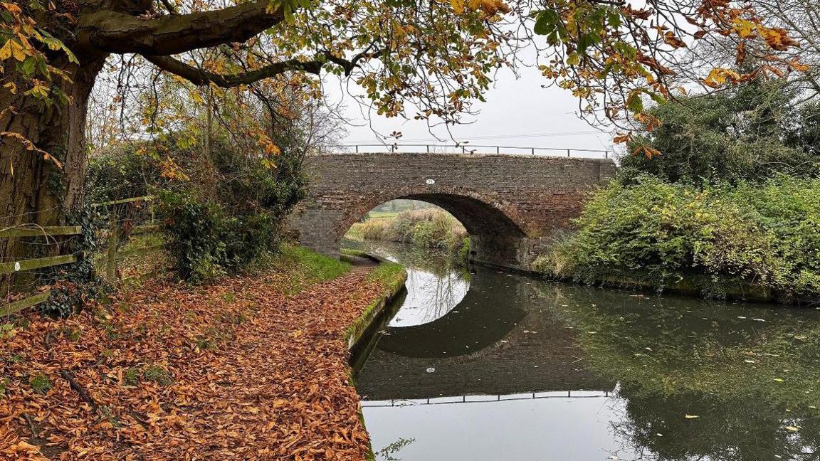 A bridge crosses a canal. The bridge is made of grey stone and the canal reflects the bridge in its top, like a mirror, There are some leaves on the water. To the left, a path next to the canal is covered with brown leaves with a tree trunk heading upwards behind a fence. To the right of the canal, green bushes line the bank.