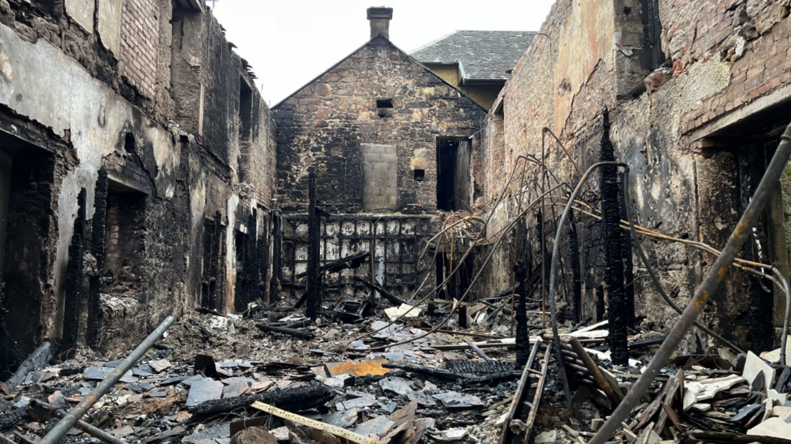 Burned-out interior of Airth Castle Hotel