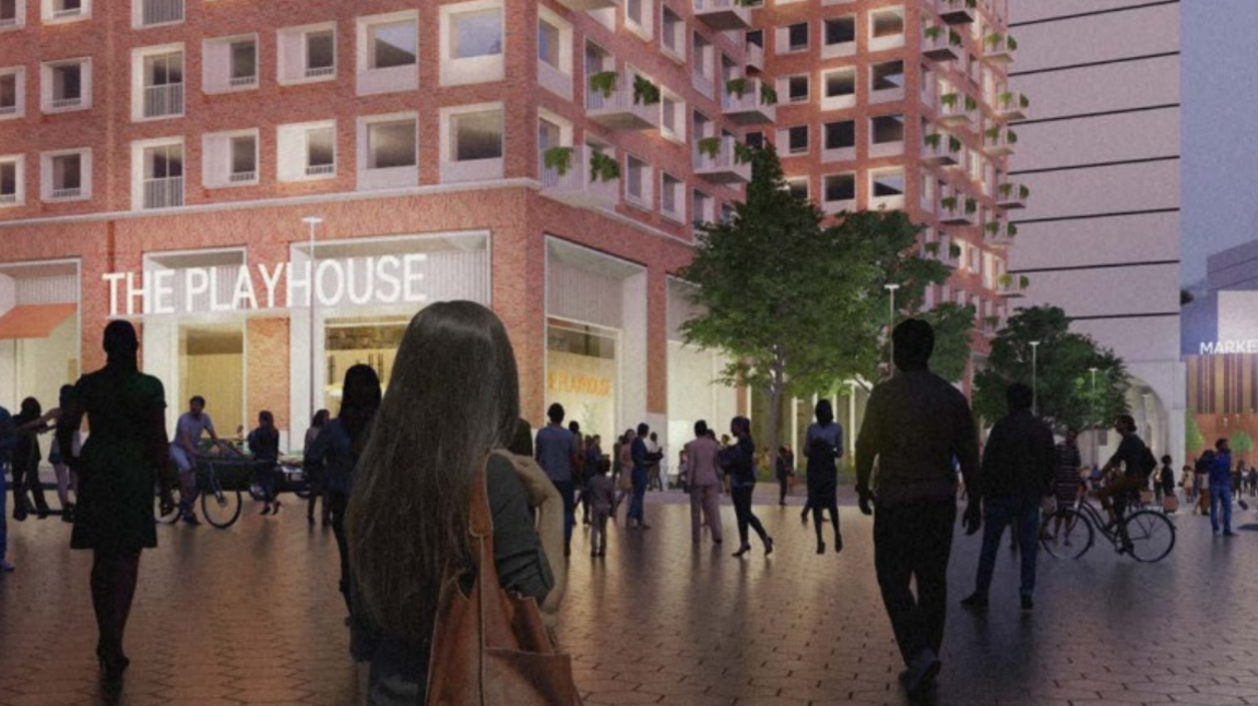 A drawing of what the development at the site of the Bull Ring Indoor Market could look like with lots of people standing in front of a red brick building with the words The Playhouse on it