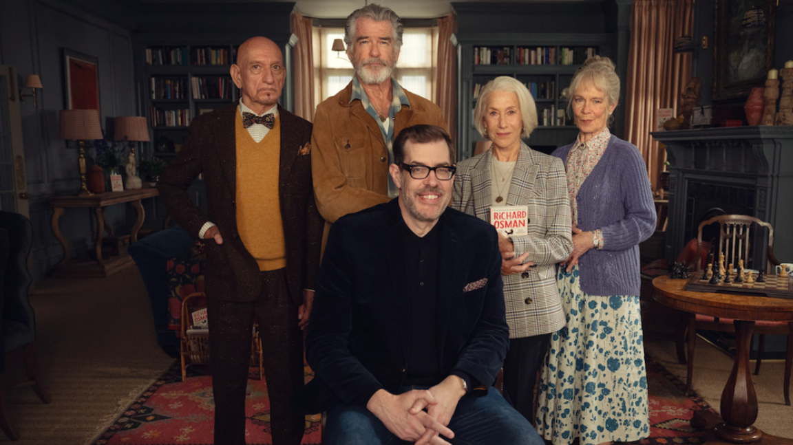 Richard Osman on the set of The Thursday Murder Club with cast Sir Ben Kingsley,  Pierce Brosnan, Dame Helen Mirren and Celia Imrie in costume