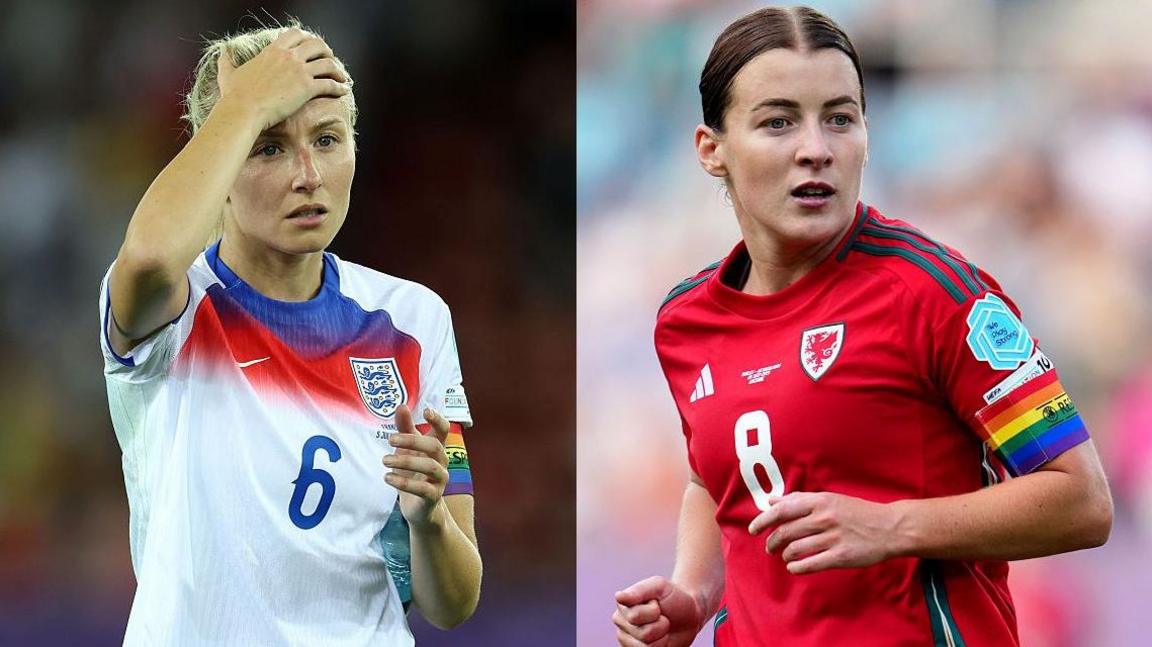 England captain Leah Williamson and Wales captain Angharad James.
