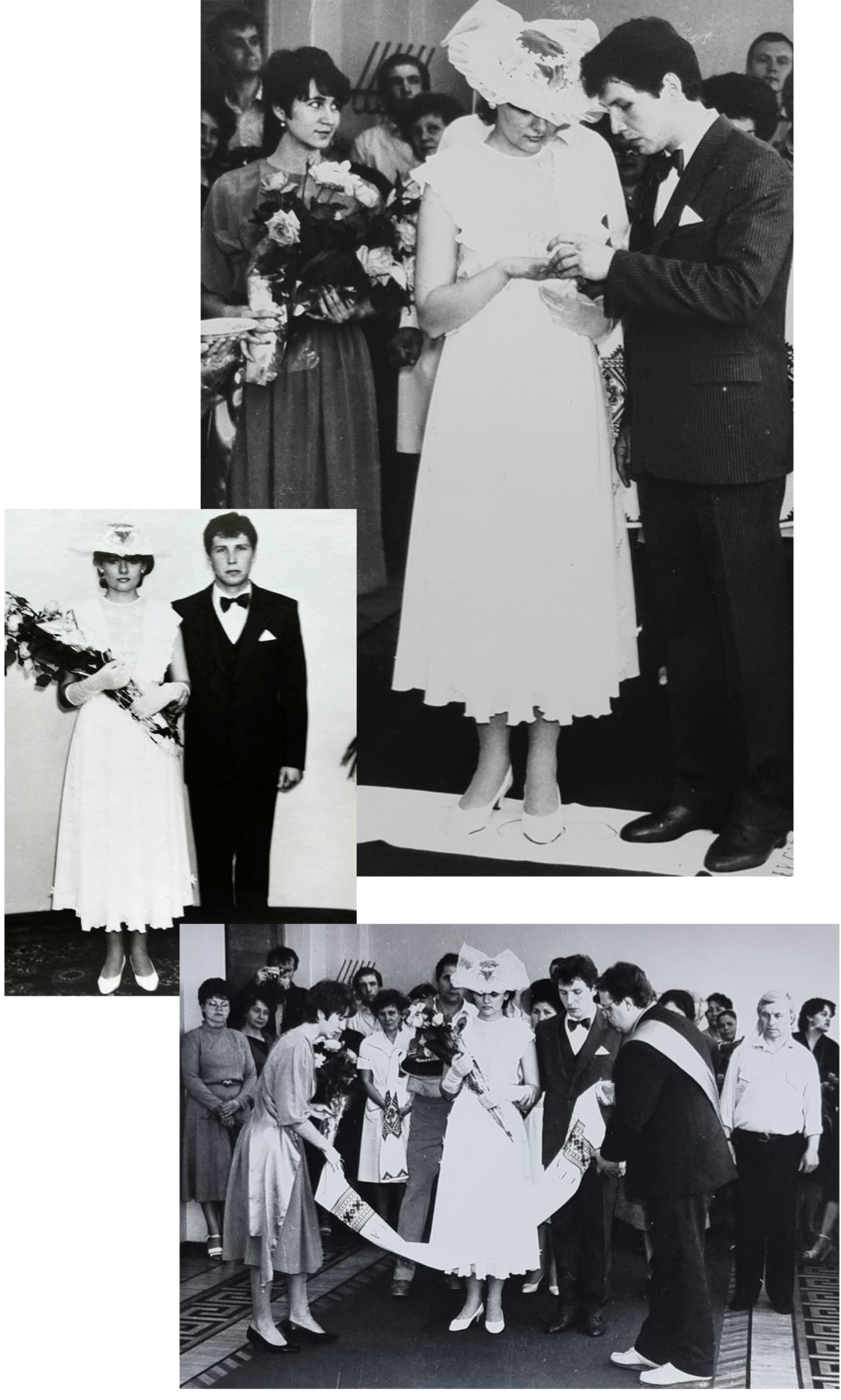 Collage of three images of Iryna and Serhiy's wedding day. In the first he is putting a ring on her finger and and they are both looking down at it. In the second, they are side-by-side and she is holding a bunch of tulips. The third shows two people laying an embroidered cloth in front of them, as part of of the wedding ceremony.