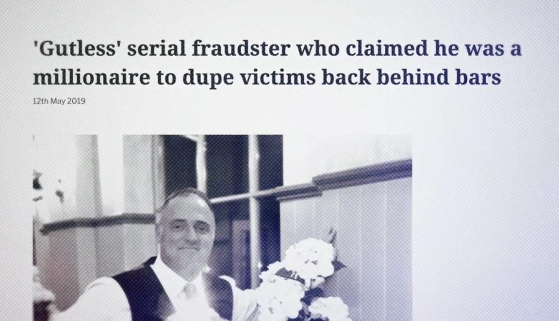 Screenshot of a newspaper headline which reads "Gutless serial fraudster who claimed he was a millionaire to dupe victims back behind bars". It sits above an image of Ray McDonald, a man in his fifties with a receding hairline, wearing a waistcoat and tie and posing beside a floral display.