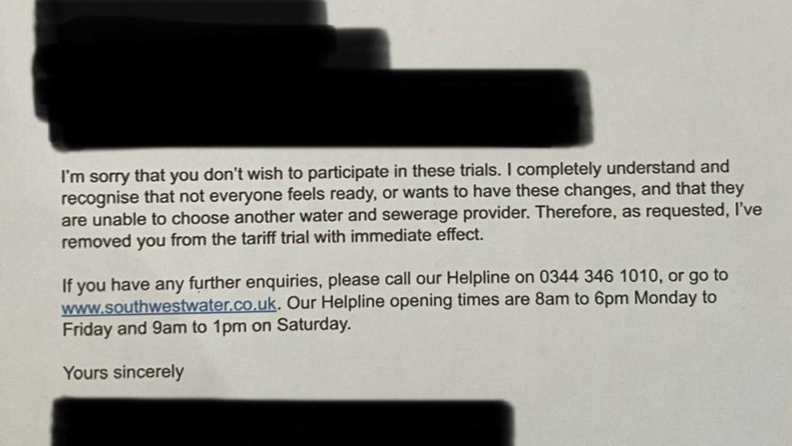 A close up image of an an official email from the water company South West Water.  Part of the text is redacted as it revealed personal information. 