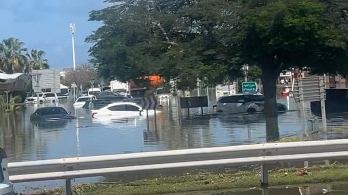 Cars submerged in flood water