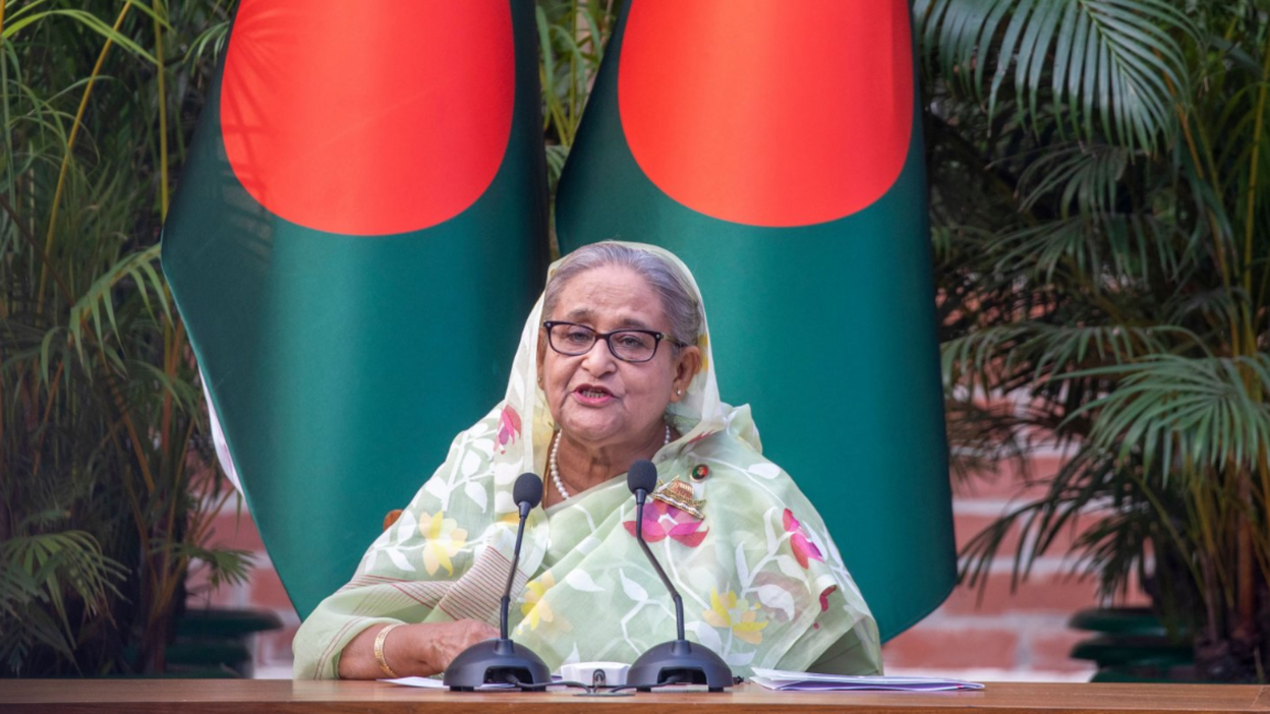 Bangladesh Prime Minister Sheikh Hasina addresses a meeting with foreign observers and journalists in Dhaka in January 2024