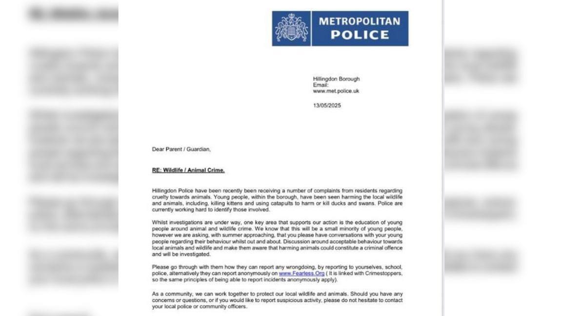A letter to local schools from police asking them to speak to their children about the issues of animal cruelty and how to speak out against it