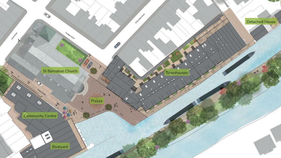 Plan of the application site, showing the boatyard entry to the new community centre and the piazza.