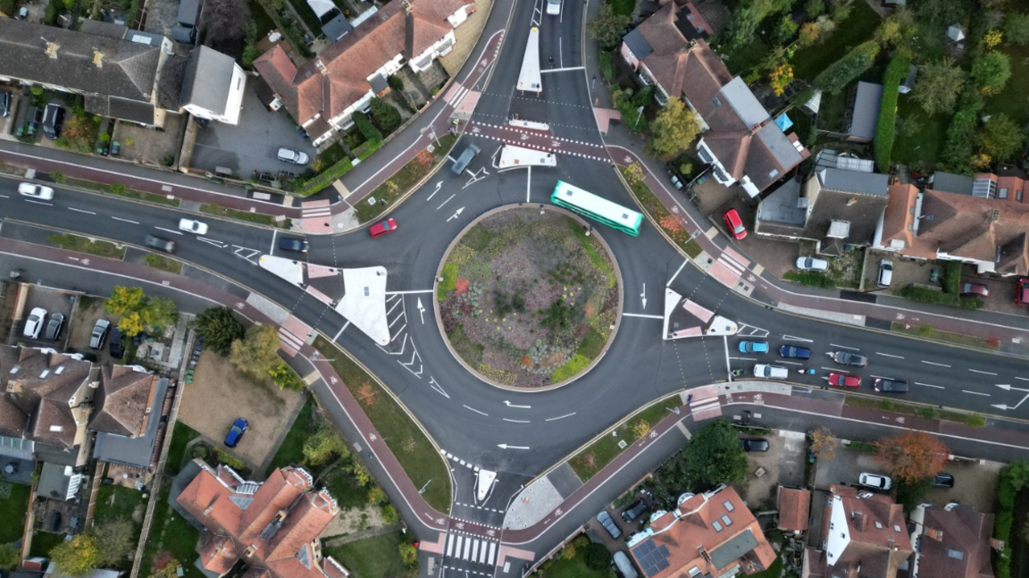 An aerial view of the birthday cake roundabout in Cambridge