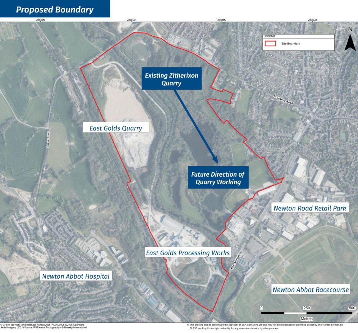 An aerial map shows the current quarry that closed in 1995. Theres a red boundary that outlines where the proposed expansion will be.