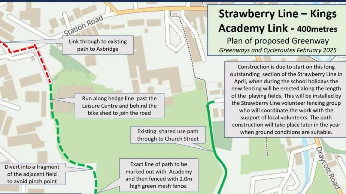 A diagram mapping out the location of the new Kings Academy link for the Strawberry Line.