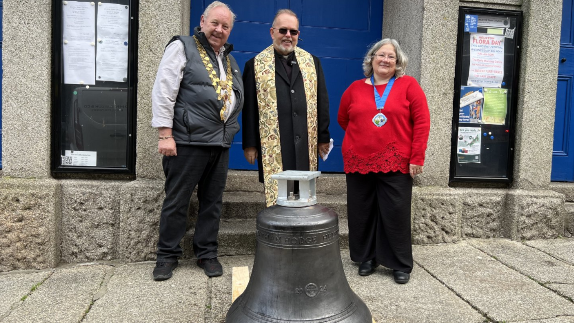 The Mayor of Helston, Miles Kenchington, Father Paul Andrew and Deputy Mayor of Helston, Nicola Boase