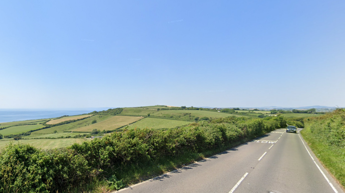 A road with green hedges on either sides, green fields on the left with the sea in the distance