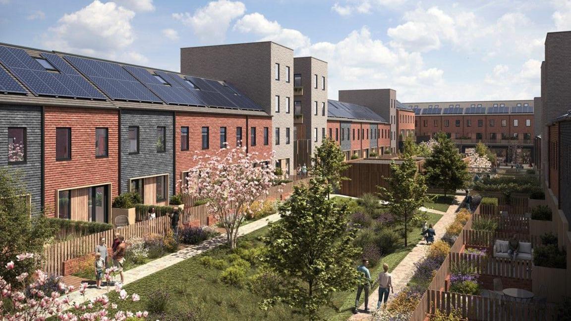 A CGI image of the development, showing communal gardens and people walking in the alleys.