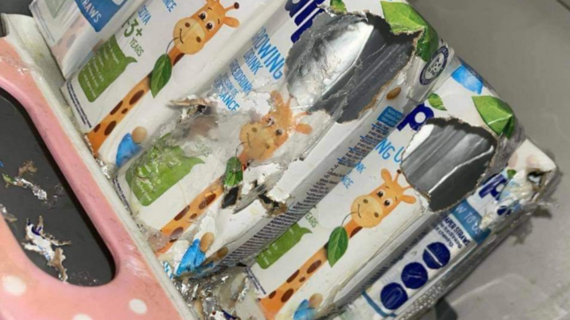 Children's milk with a giraffe on the front lined up, each with huge holes in which are rough around the edge like it has been bitten by a rat.