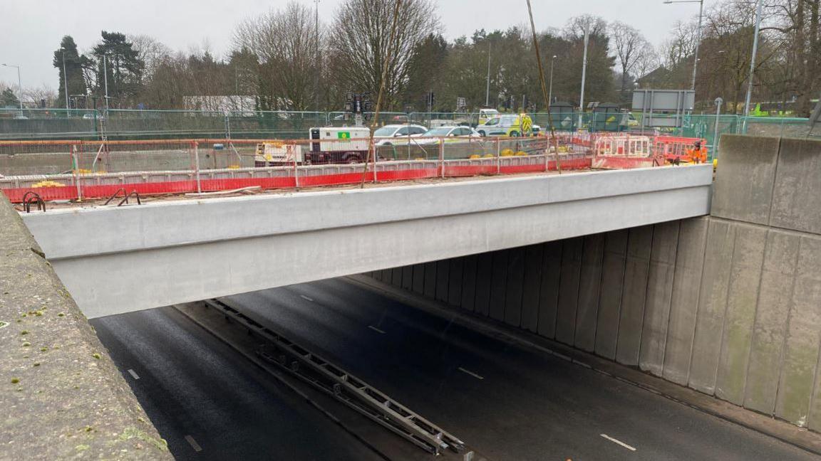 Picture of a new support beam on a road bridge over a duel carriageway