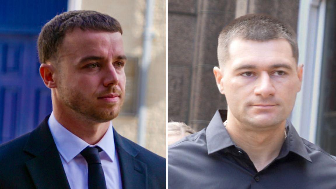 Lewis Peter Carr (L) in a suit and tie and Artur Sevash-Zade (R) in a black shirt arriving at Jersey Royal Court for L'Ecume II Trial - split pic