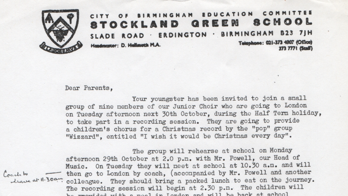 A typed letter addressed to parents of Stockland Green School, explaining their child had been selected to perform with Wizzard at a recording studio in London in 1973