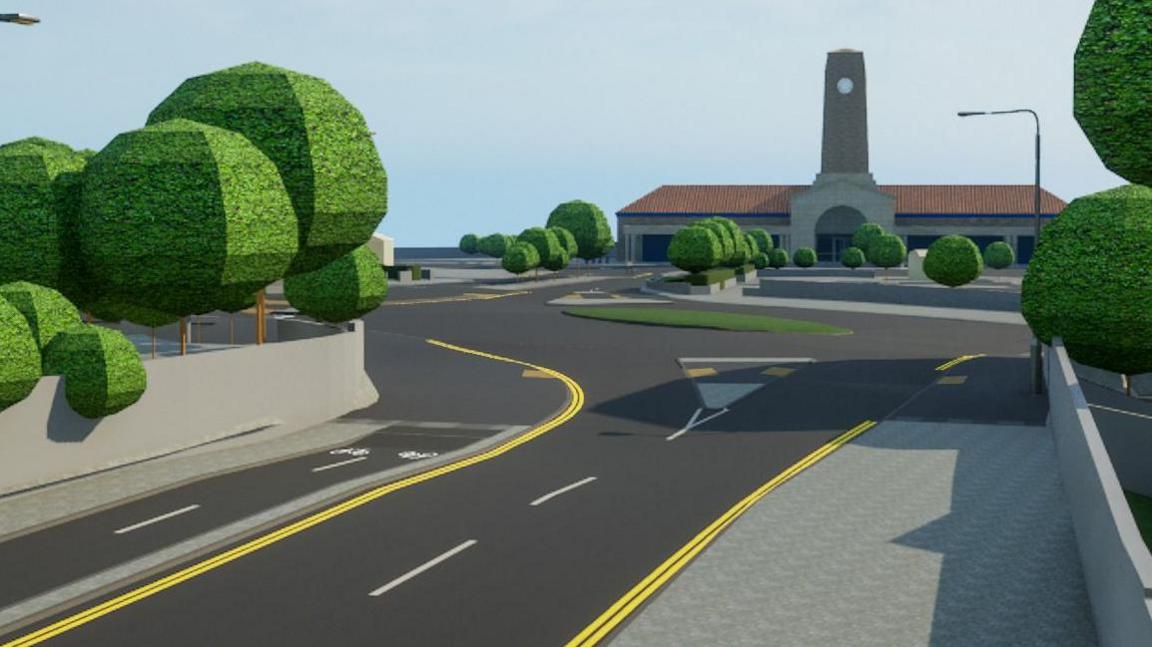 Computer-generated image of a proposed cycling route at Seacombe Ferry, with a grey road painted with yellow double lines, green trees and bushes and the grey and terracotta ferry building