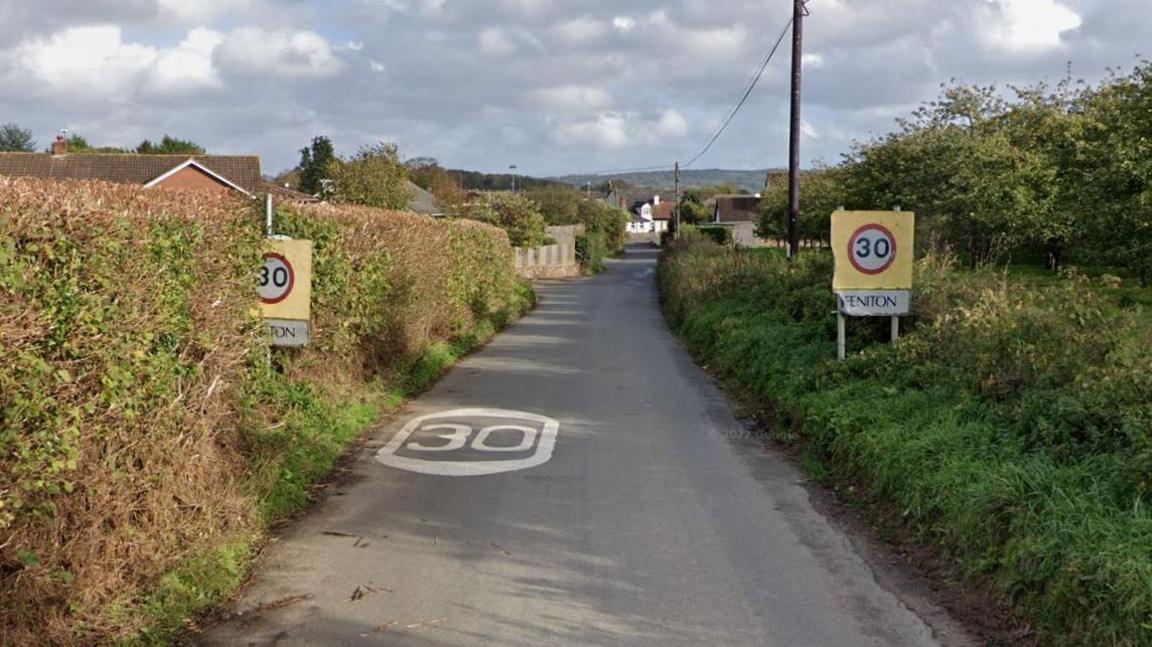 A country lane with hedges either side of it leading to the village of Feniton. The road has a large white 30 painted on it. There are two signs either side of the road with a 30mph sign with Feniton written below.