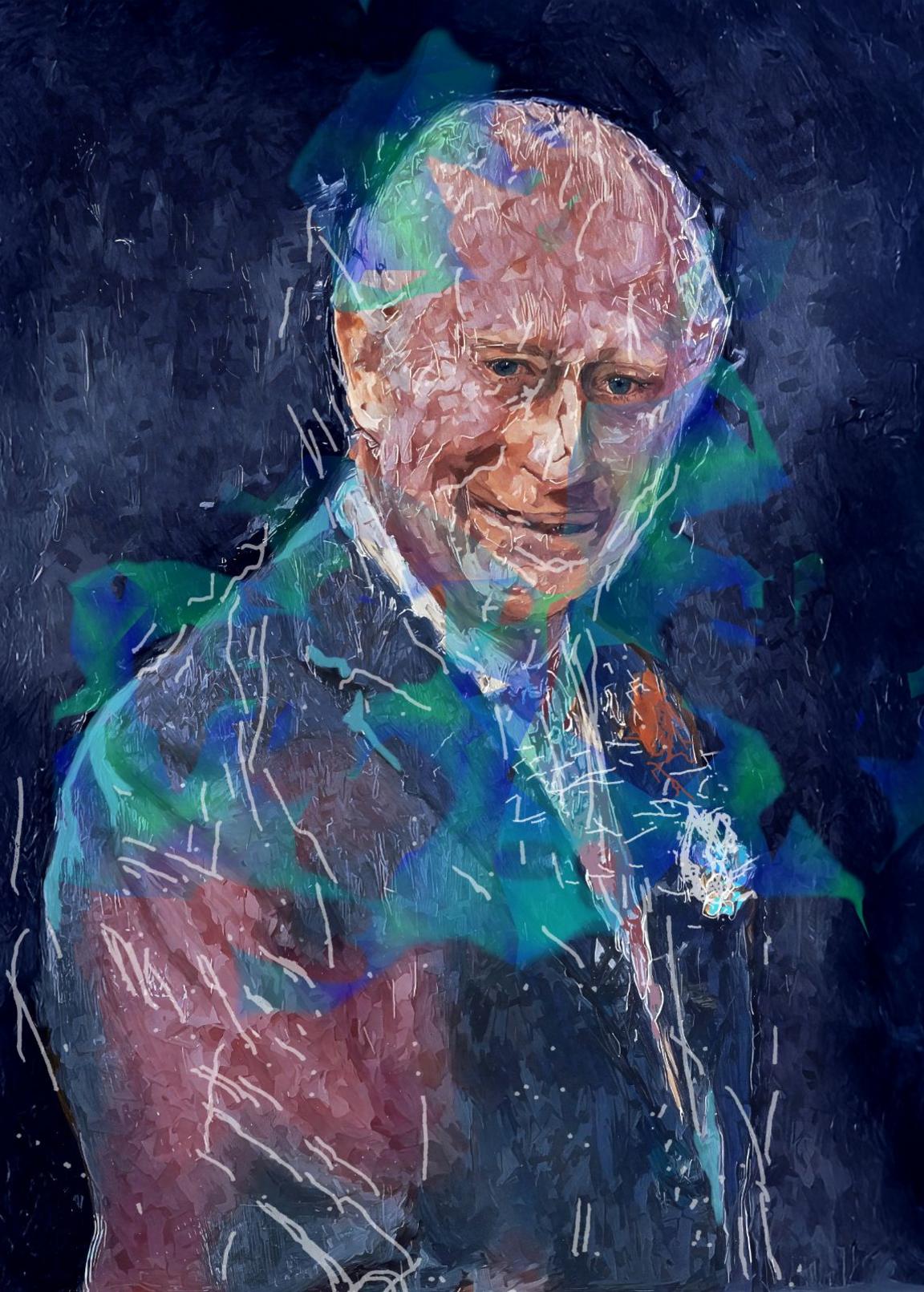 a picture of king charles iii - the king is smiling and looking directly at the viewer with lines streaked across his suit and his face - the colours used are dark and blue-toned - the art style is modern