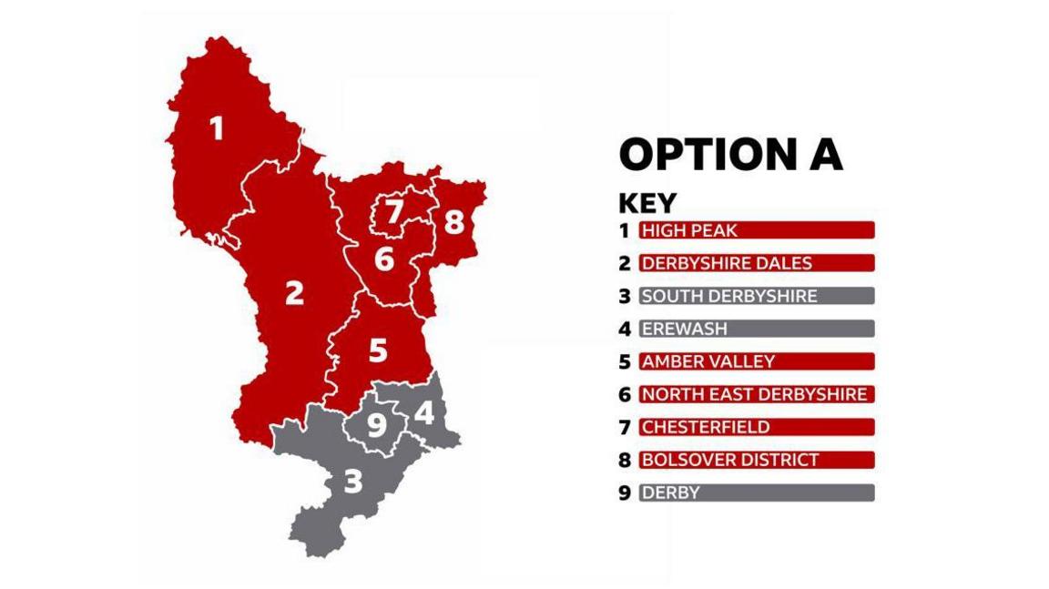 A map of Derbyshire split into two. Amber Valley is included in the northern section.