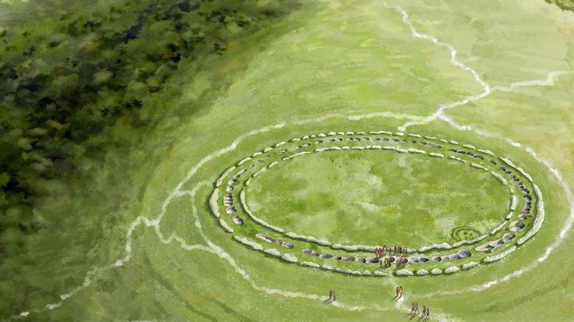 A reconstruction of Flagstones circular enclosure seen shortly after construction in the middle Neolithic period. People are also drawn at the site.