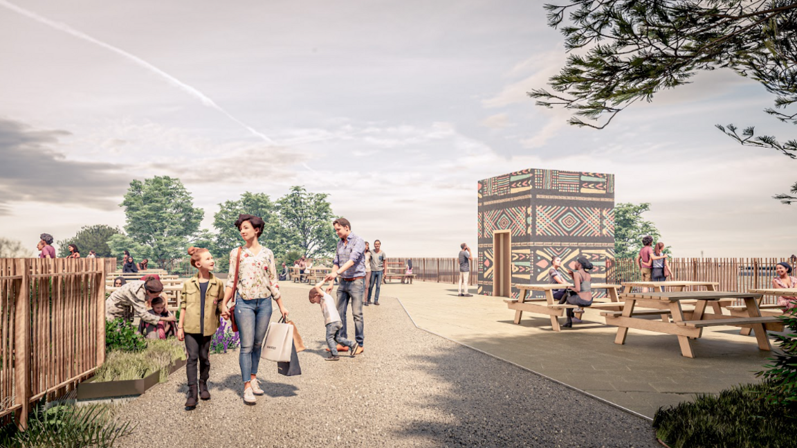 An artists drawing of adults and children walking on a footpath beside African-themed fences, with wooden benches to the right of the picture