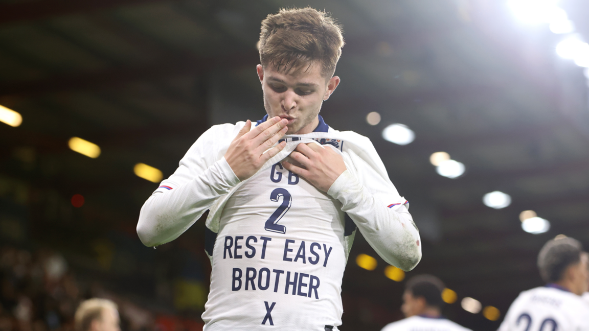 England Under-21 player James McAtee celebrates scoring against Ukraine by paying tribute to George Baldock