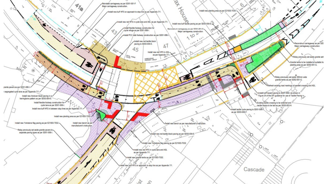 A detailed map of the proposed changes to the road layout at the junction of Anchor Road, College Green and St Augustine's Parade in Bristol. New, wider pavements are indicated and the position of new planters. 