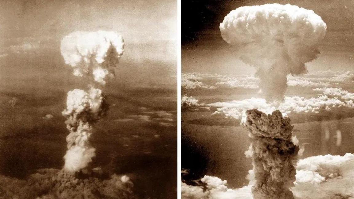 The atomic bomb mushroom clouds over Hiroshima (left) and Nagasaki (right)