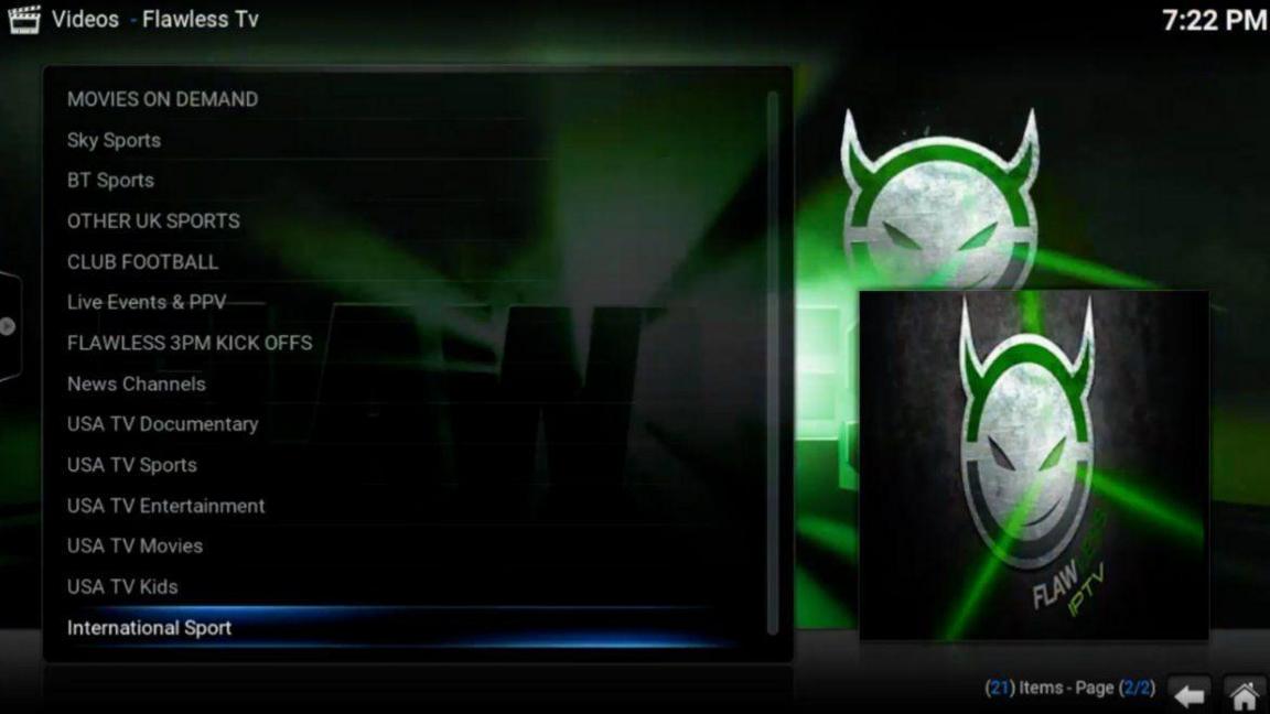 The Flawless on-screen menu, showing matches available