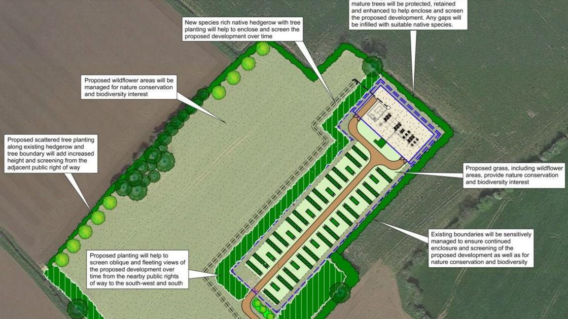 Plans for the storage facility, which depicts the plant on the eastern section of the site, and various measures proposed in air bubbles