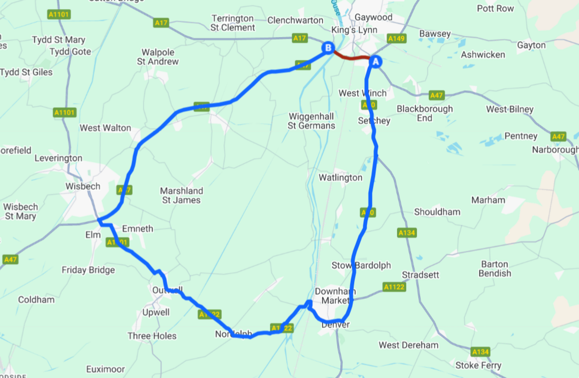 Map showing the suggested diversion route between the Hardwick and Pullover Roundabout's on the outskirts of King's Lynn. A blue line shows the diversion.