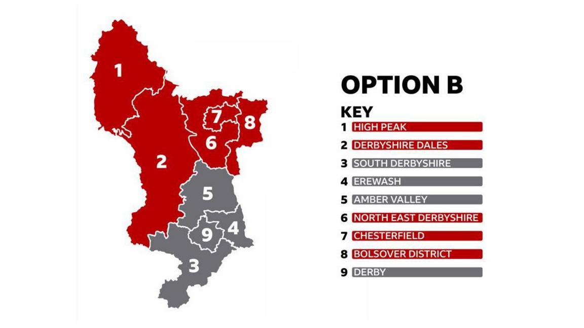 A map of Derbyshire split into two. Amber Valley is included in the southern section.