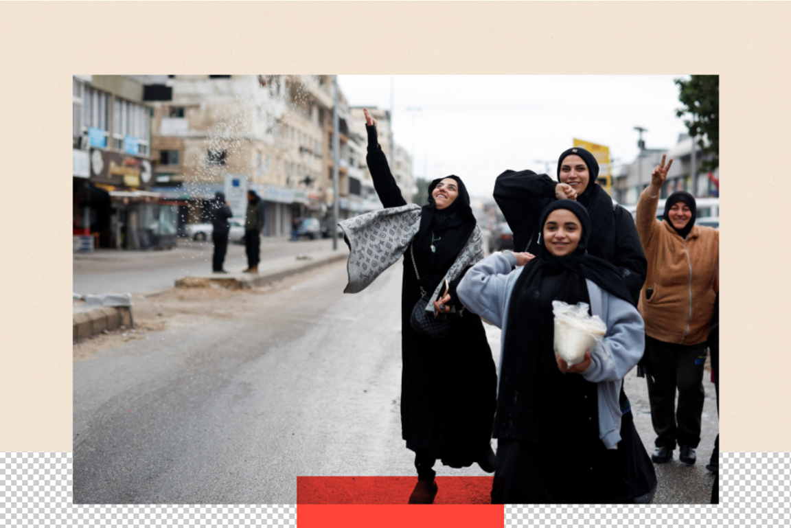 A treated image showing a group of women and girls welcoming the people coming back to Tyre 