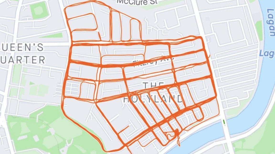 A map showing the route of a run with orange lines down streets around the Holyland area of Belfast. 