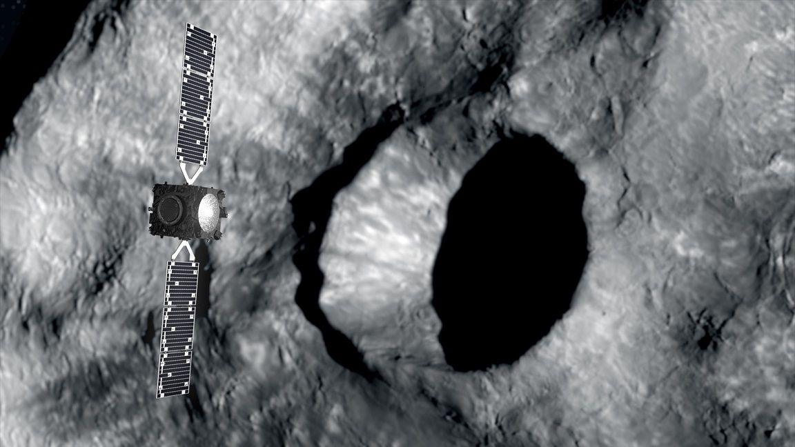 Illustration of the Hera spacecraft scanning DART's impact crater 