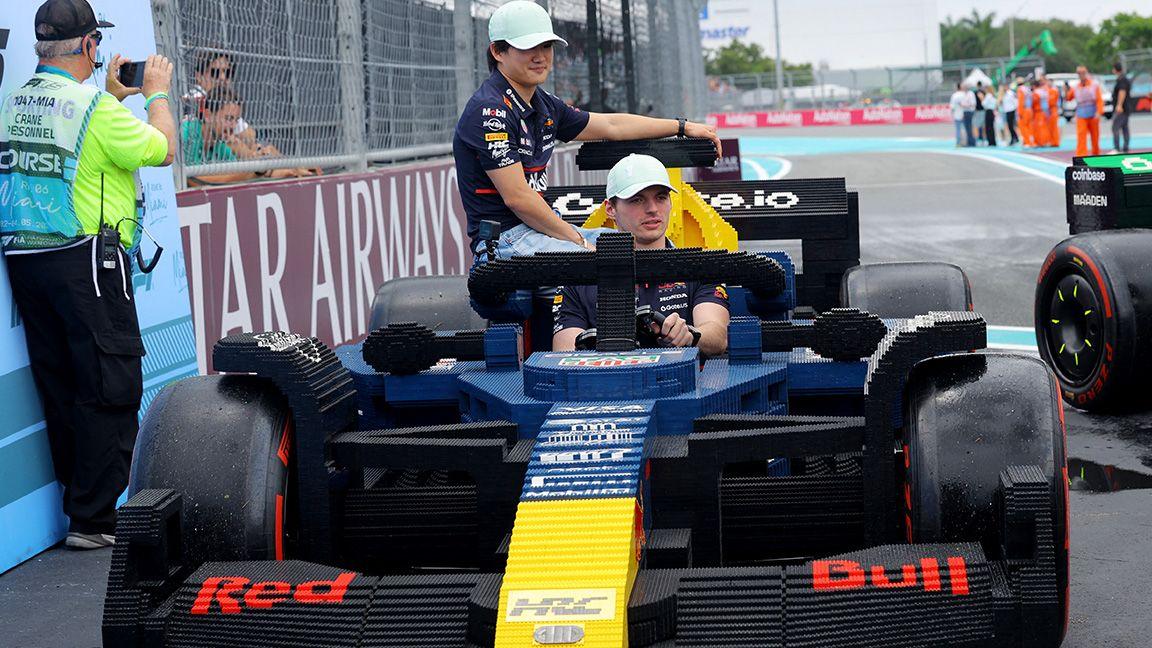 Red Bull's Yuki Tsunoda and Max Verstappen in a full sized Lego replica F1 car during the drivers parade