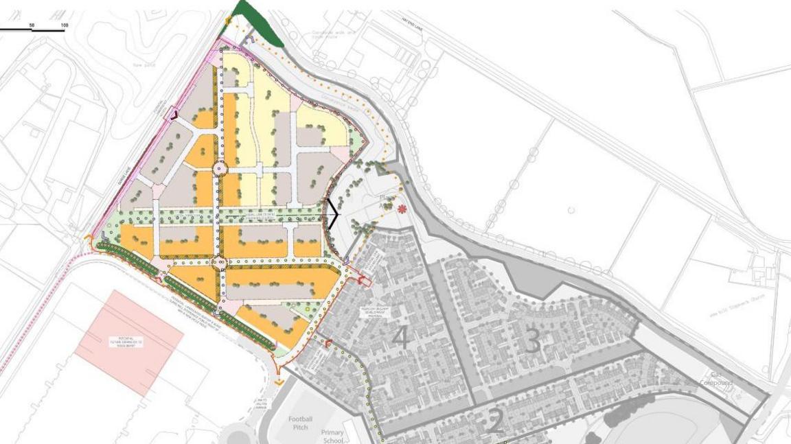 A proposed overview of the site in the form of a map. There is a sectioned off area in colour with drawn on roads and homes.