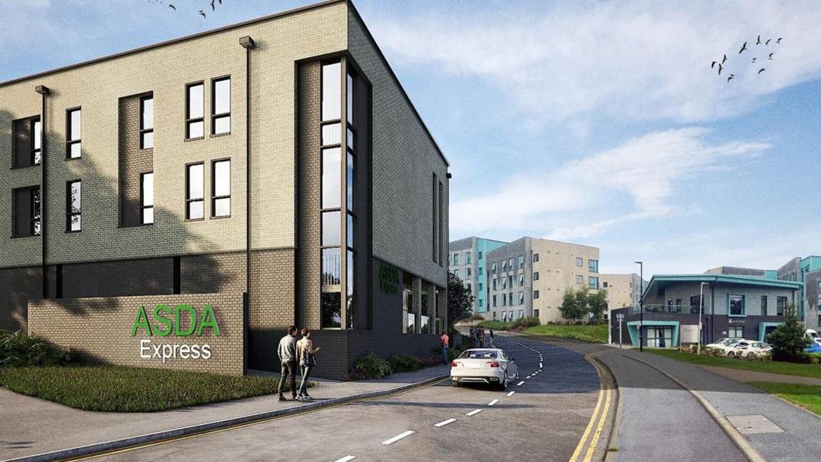 Artist's impression of the exterior of an Asda Express shop. It is built from grey bricks and has the company's logo on one wall. A car is passing by on the adjacent road.