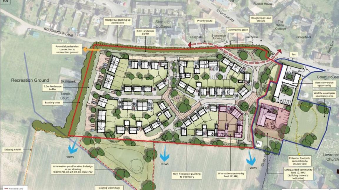 A digital artist's impression of plans for 40 homes on land in the Somerset countryside. The plans include houses, several roads and trees.